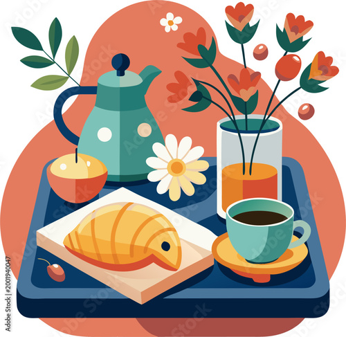 Breakfast in Bed Tray: Featuring a croissant, coffee, and a small flower.