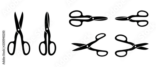 Scissors icon set, black silhouette flat design vector illustration for stationery, craft and cutting tools, various angles and positions isolated on a white background for creative office web graphic