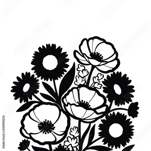 Floral bouquet vector illustration. Black and white flower arrangement line art. Botanical design isolated graphic