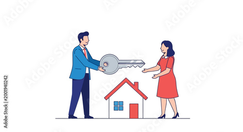 Businessman and businesswoman exchanging a large key over a small house model symbolizing real estate transaction.