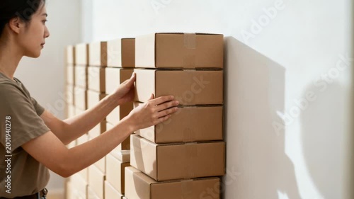 Young asian woman preparing for a move, meticulously stacking cardboard boxes in a bright room as part of packing and organizing items.