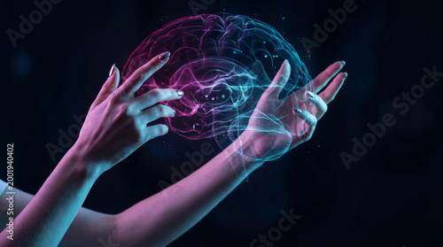 Hands interacting with a glowing brain hologram against a dark background  