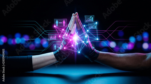 Hands connecting with technology graphics in a futuristic style  
