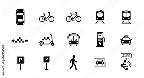 Collection of transportation icons and symbols for city travel.