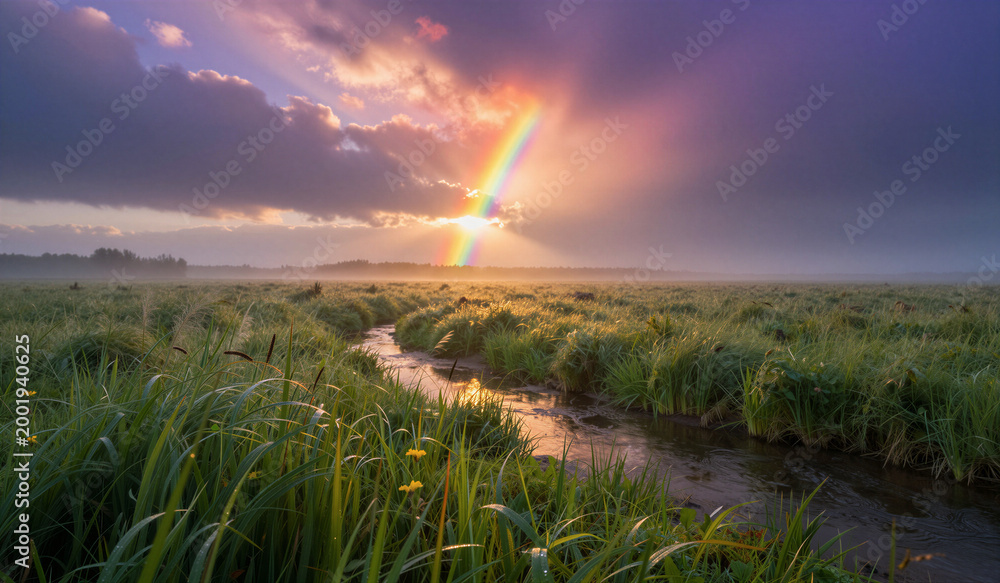 Fototapeta premium Marsh grass with rainbow sunlight over winding creek at dawn