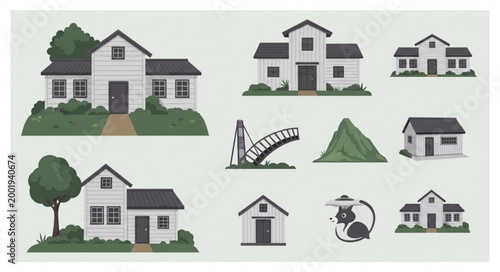 Collection of stylized houses and architectural elements.