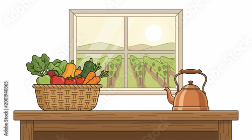 Fresh vegetables in a basket by a window