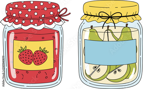 Homemade Jam and Preserved Fruit Jar Vector Illustration Set with Strawberry and Pear Canning Design for Kitchen, Organic Food Branding, and Packaging Concepts