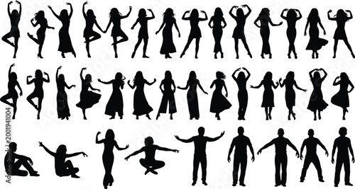 Collection of professional business people silhouettes featuring men and women in elegant formal suits and dresses for corporate leadership and office management projects.