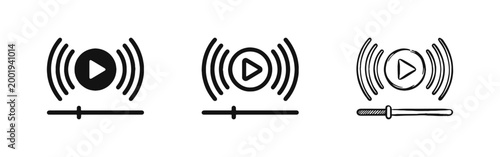 Multimedia play button icons with sound waves and video progress bar