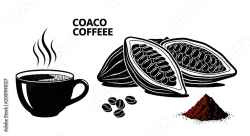 Coffee and Cacao Beans with Powder Illustration.
