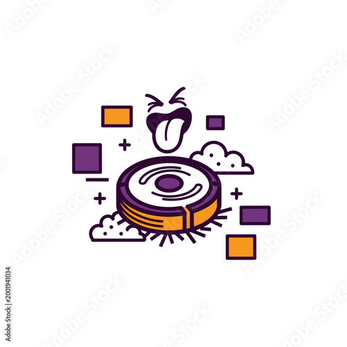 Modern Smart Robot Vacuum Cleaner Cartoon Character with Funny Face Cleaning Dust, Home Appliance Technology Vector Illustration in Flat Style