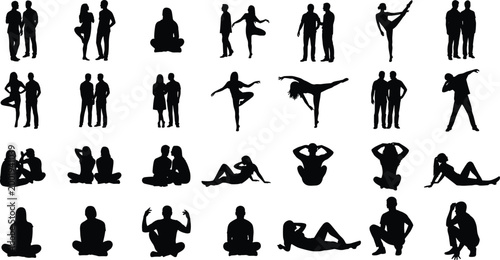 Collection of professional business people silhouettes featuring corporate men and women in formal attire standing and walking for office teamwork and leadership concepts.