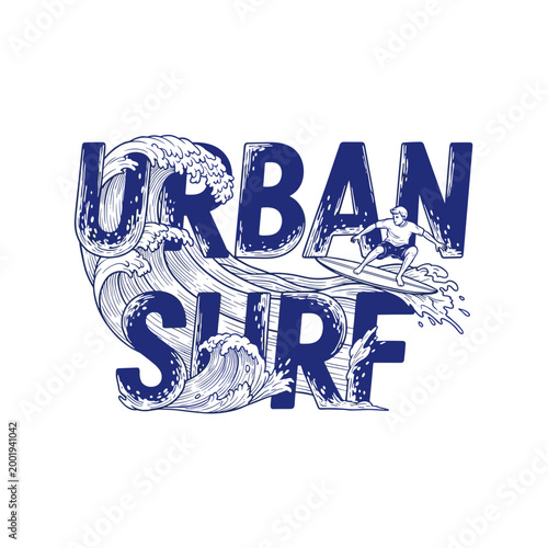 Urban Surf Typography Design with Surfer Riding Giant Ocean Waves, Artistic Wave Hand Drawn Lettering Vector Graphic for T-shirt Print Poster