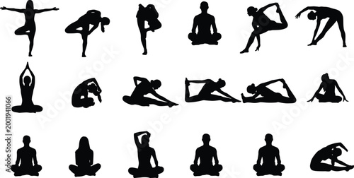 Comprehensive collection of yoga silhouettes featuring men and women practicing meditation seated poses and flexibility stretching for mental wellness health and spiritual fitness design projects.