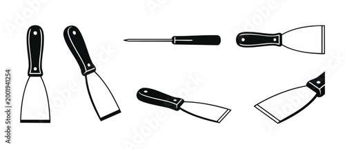 Putty Knives and Scraper Set, Construction Tools Icon Collection for Wall Repair, Renovation, and Painting Projects, Professional Hardware Equipment Isolated on White Background, Vector Illustration D