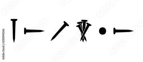 Metal Nails Set Icon Collection Isolated on White Background, Sharp Construction Fasteners for Building and Renovation Projects, Professional Hardware Silhouette Design Elements for Blueprint Engineer