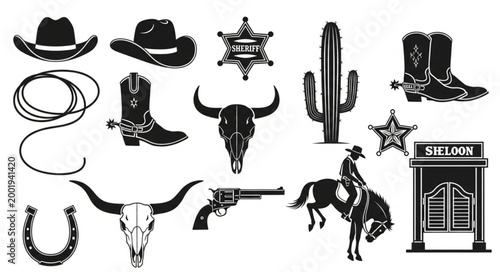 Collection of Western Cowboy and Rodeo Symbols and Items.