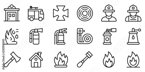 Firefighter and Fire Safety Line Icon Set