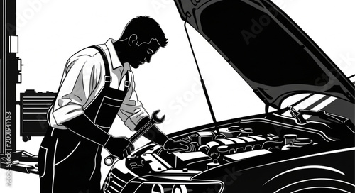 Mechanic Inspecting Car Engine Under Open Hood.