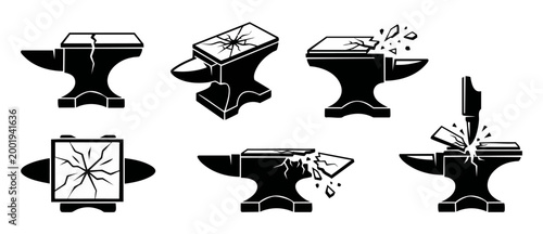 Broken Anvil Icon Set, Cracked Metal Forge Tool Vector Collection for Industrial Metalworking Design, Heavy Equipment Destruction and Failure Symbol, Isolated Black Silhouettes on White Background