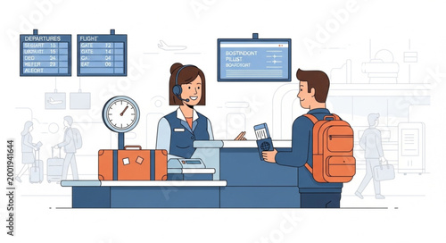 Travelers Checking in at Airport Reception Desk.