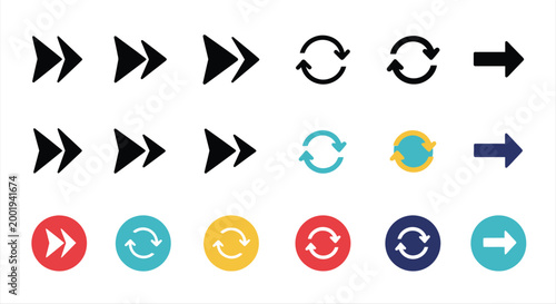 Collection of black and colored arrow and circular rotation icons