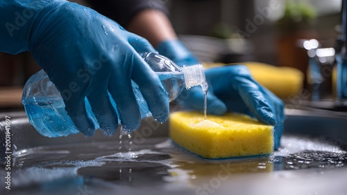 Landscape ultra‑realistic shot of hands in blue gloves pouring blue dish soap from a transparent bottle onto a bright yellow sponge, soft background blur, bright light