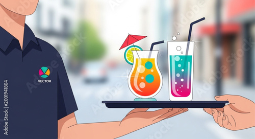 Person Holding Tray with Colorful Cocktail Glasses and Drinks.