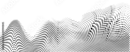 Grain wavy background. Dot stipple wave, black noise dotted line with sand texture and grainy effect. Mountain, dessert, dune, water landscape. Abstract vector illustration.