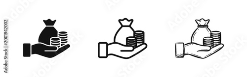 Financial investment and savings icons hand holding money bag and coins