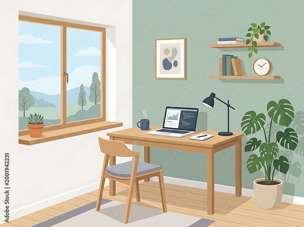 Fototapeta premium A home office with desk laptop chair plants and window with countryside view
