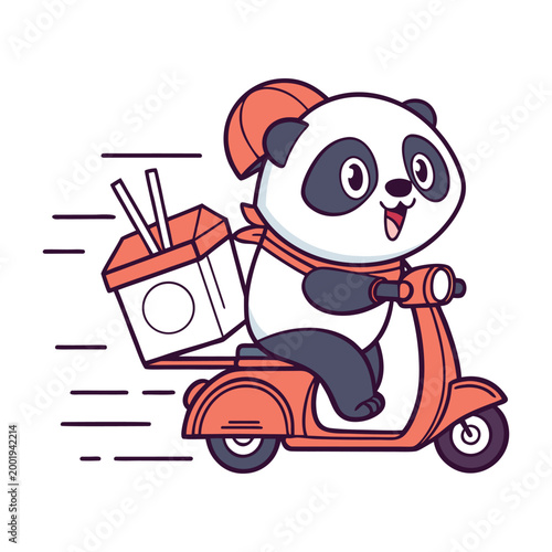 cute panda riding retro scooter with ice cream cone vector illustration