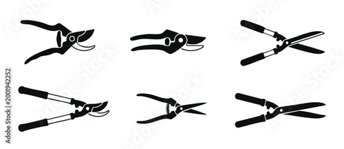 Garden Pruning Shears Icon Set - Professional Gardening Tools and Hedge Trimmer Silhouettes for Landscaping Design, Vector Illustration of Branch Cutters and Secateurs for Agricultural Equipment Conce