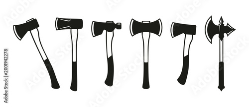 Axe collection icons set, various hatchet and tomahawk silhouettes for forestry, carpentry, and medieval battle design, vector illustration isolated on white background for lumberjack and outdoor bran