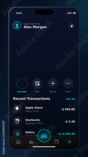 Mobile banking app interface digital wallet transaction history dark mode vector