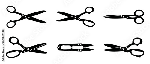 Scissors set silhouette vector icon collection for craft and tailoring design. Various professional cutting tool shapes isolated on white background, black flat graphic symbols for tailoring, office s