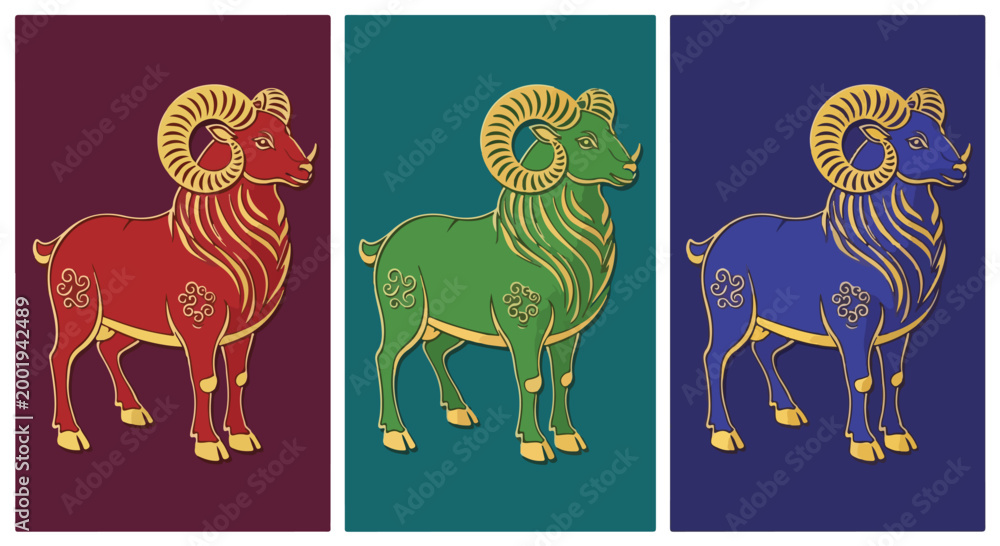 Fototapeta premium Stylized vector illustration of three colorful Aries zodiac ram designs with golden accents and ornate details.