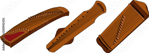 Hand drawn colored illustration featuring a collection of detailed musical objects. Isolated elements with high texture and stippling, suitable for design, prints, branding.