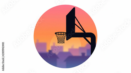 Basketball hoop at sunset with city silhouette