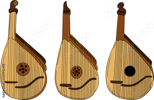 Hand drawn colored illustration featuring a collection of detailed musical objects. Isolated elements with high texture and stippling, suitable for design, prints, branding.