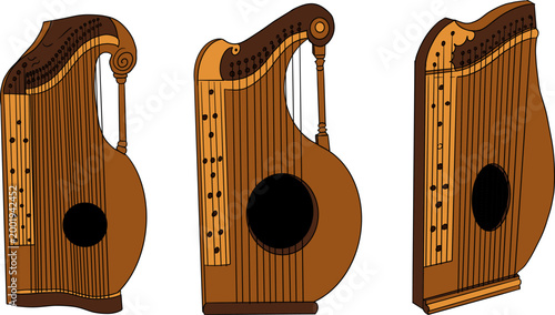 Hand drawn colored illustration featuring a collection of detailed musical objects. Isolated elements with high texture and stippling, suitable for design, prints, branding.