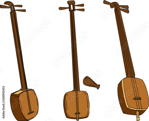 Hand drawn colored illustration featuring a collection of detailed musical objects. Isolated elements with high texture and stippling, suitable for design, prints, branding.