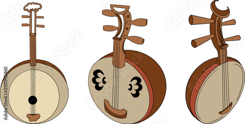 Hand drawn colored illustration featuring a collection of detailed musical objects. Isolated elements with high texture and stippling, suitable for design, prints, branding.