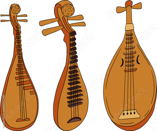 Hand drawn colored illustration featuring a collection of detailed musical objects. Isolated elements with high texture and stippling, suitable for design, prints, branding.