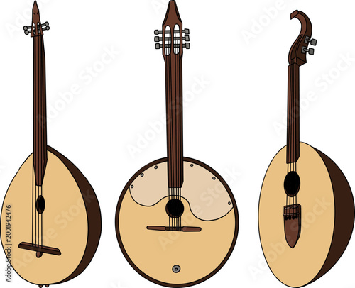 Hand drawn colored illustration featuring a collection of detailed musical objects. Isolated elements with high texture and stippling, suitable for design, prints, branding.