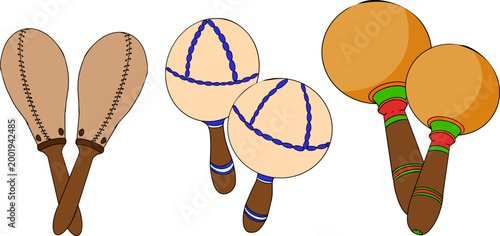 Hand drawn colored illustration featuring a collection of detailed musical objects. Isolated elements with high texture and stippling, suitable for design, prints, branding.