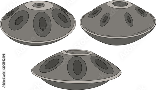 Hand drawn colored illustration featuring a collection of detailed musical objects. Isolated elements with high texture and stippling, suitable for design, prints, branding.