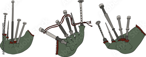 Hand drawn colored illustration featuring a collection of detailed musical objects. Isolated elements with high texture and stippling, suitable for design, prints, branding.