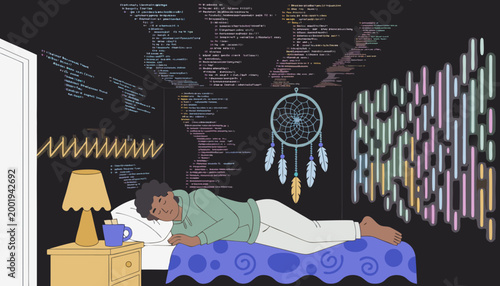 Programmer sleeping in bed dreaming of code algorithm vector night rest